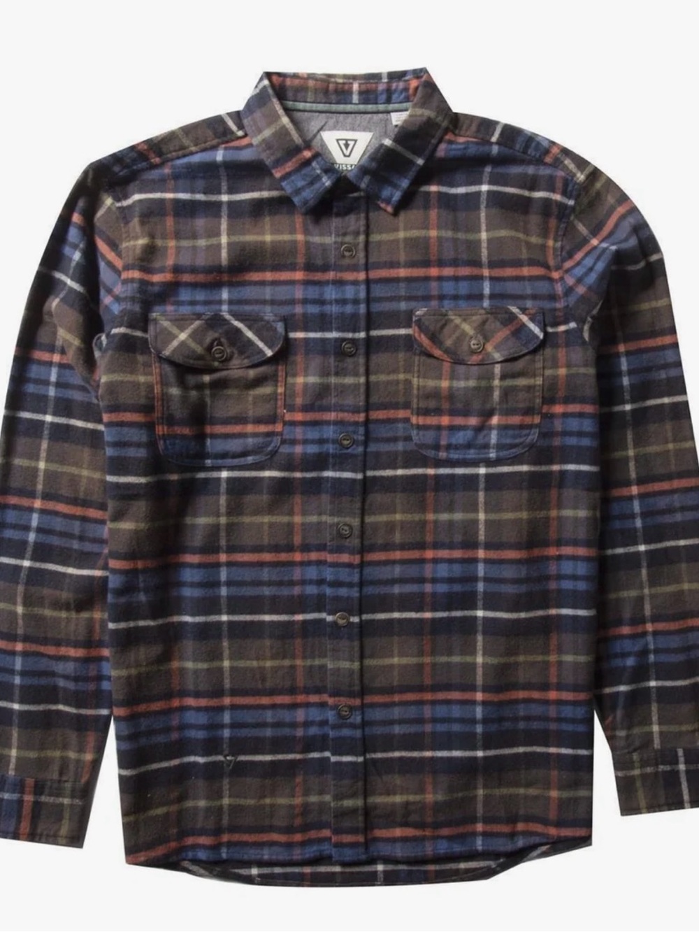 VISSLA Plaid Button-Up Shirt in Blue and Brown with Rust Accents